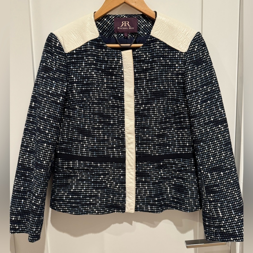 RACHEL ROY Leather Trim Career Jacket Blazer 8 Long Sleeve Full Zip Lined Blue K - Picture 7 of 10